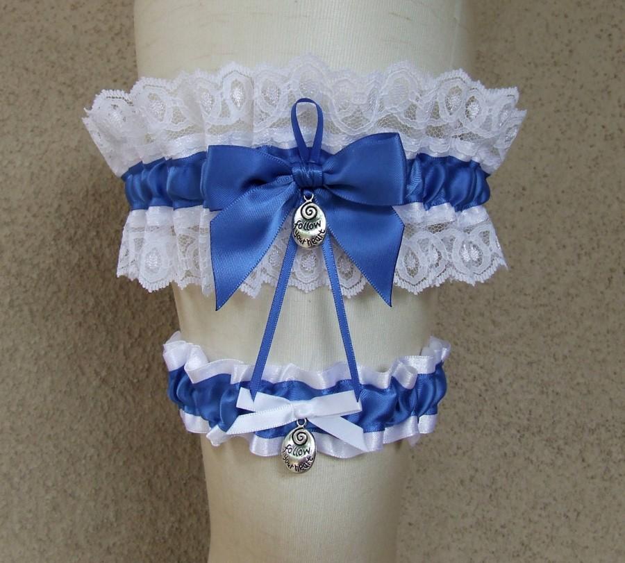 Hochzeit - Follow Your Heart Garter Set Choose Your Charms Be True Love Filigree Double Hearts Lock and Key Royal Blue & White for Wedding or Prom