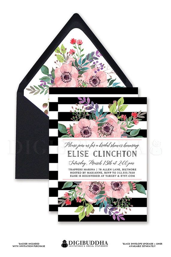 زفاف - BLACK & WHITE STRIPE Bridal Shower Invitation Pink Watercolor Flowers Anemone Boho Wedding Free Priority Shipping Or DiY Printable- Elise