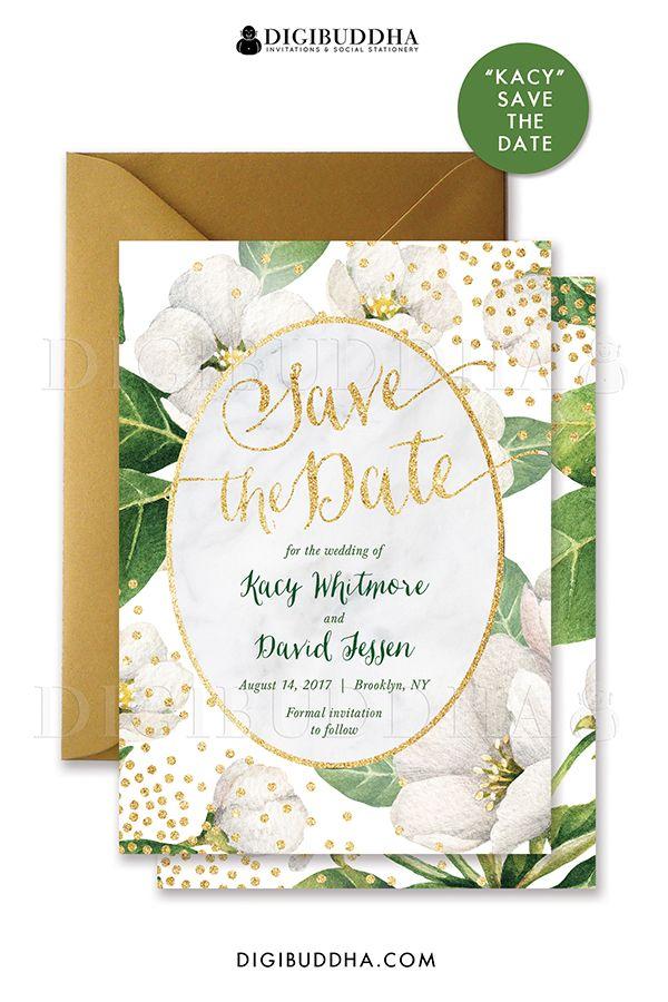 Wedding - SAVE THE DATE White Floral Bloom Card Invitation Printable Gold Glitter White Marble Botanical Bloom Free Priority Shipping Or DiY- Kacy