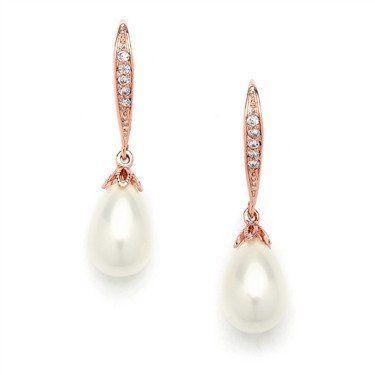 Mariage - Vintage 14K Rose Gold Cubic Zirconia Dangle Earrings With Freshwater Pearls