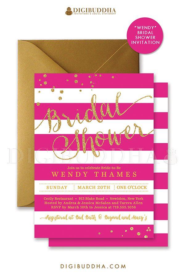 Hochzeit - PINK & GOLD BRIDAL Shower Invitation Stripes Printable Invite Fuchsia Raspberry Gold Glitter Wedding Free Priority Shipping Or DiY- Wendy
