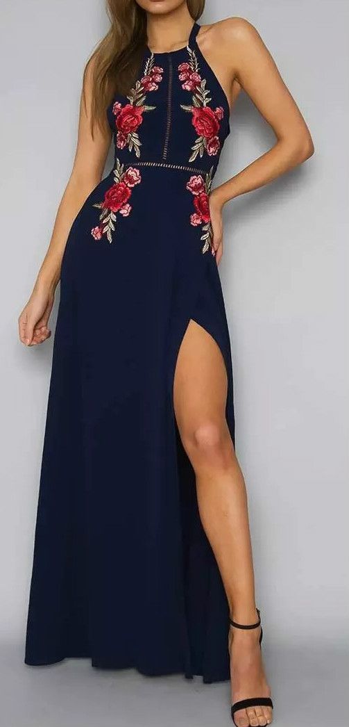 زفاف - Fashionable Halter Neck Floral Embroidery Maxi Dress