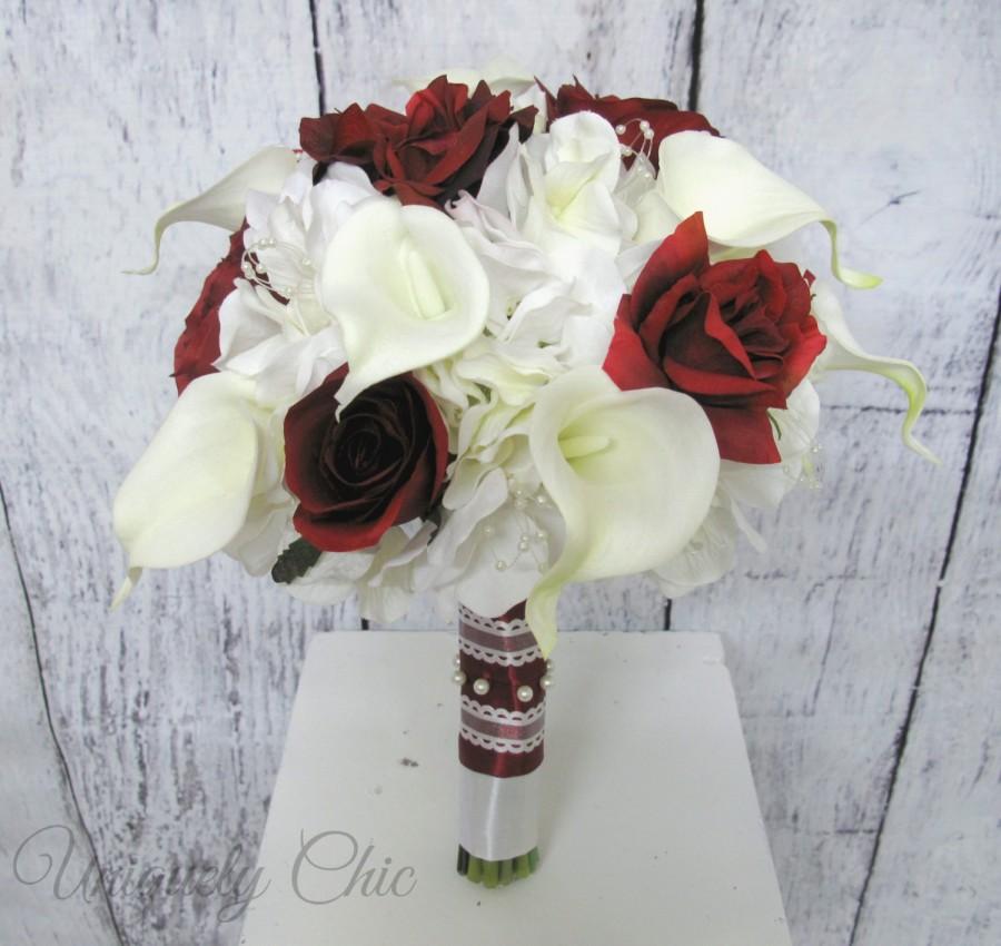 Свадьба - Bridal bouquet, Burgundy rose Wedding bouquet, Wine rose, Calla bridesmaids bouquets, calla lily and rose wedding flowers, silk flowers