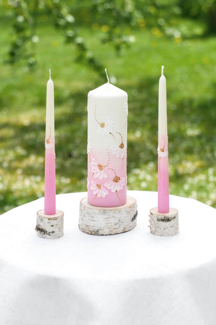 Wedding - Unity Candle Set, Handpainted White Pink Candles With White Daisy, Wedding Ceremony Candle Set,