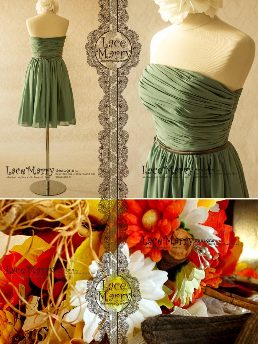 زفاف - Moss Green Bridesmaid Dress with Slim Satin Belt from Soft Chiffon in Knee Length 