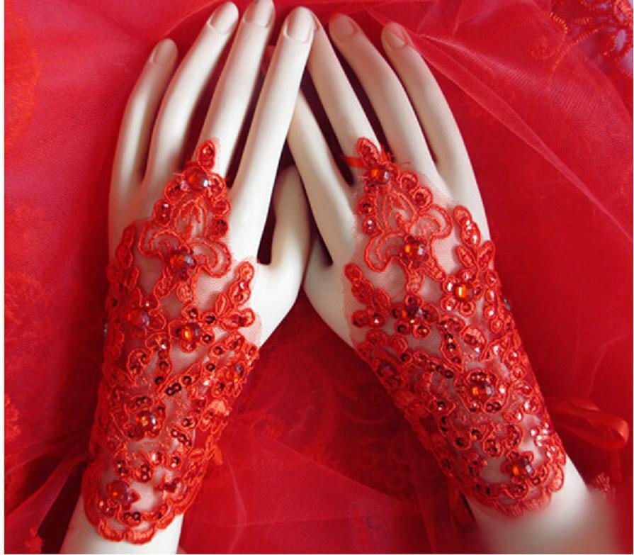 زفاف - Fashion Bridal  diamonte -Rhienstone & sequins gloves.Soft Lace Wedding Fingerless Bridal Gloves.  Red  bridal gloves