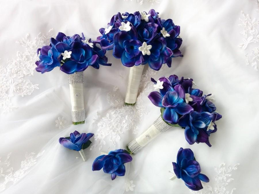 Wedding - 6 Pc Natural Touch Blue Purple dendrobium orchids silk white stephanotis  - Silk Wedding Bouquets Flowers Package Set