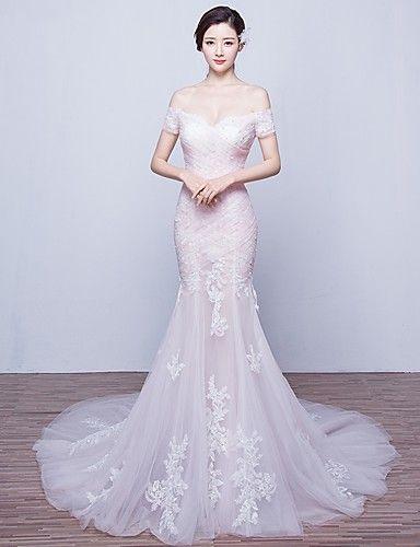Wedding - Vestido De Boda-Rosa Trompeta/Sirena Corte-Hombros Al Aire Tul