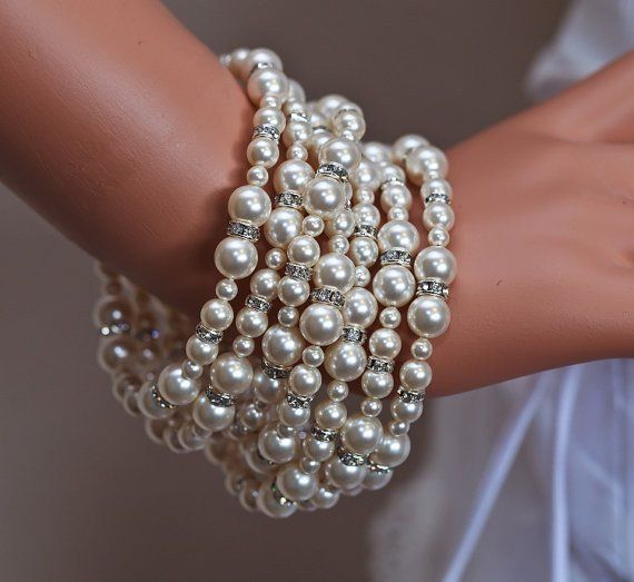 Hochzeit - ISABELLA - Rhinestone And Swarovski Pearl Bridal Bracelet In Silver, 7 Strand