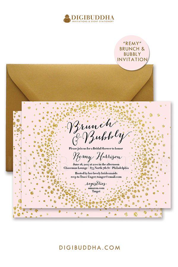 Wedding - BRUNCH & BUBBLY INVITATION Bridal Shower Invite Blush Pink Gold Glitter Sparkle Calligraphy Elegant Free Shipping Or DiY Printable- Remy
