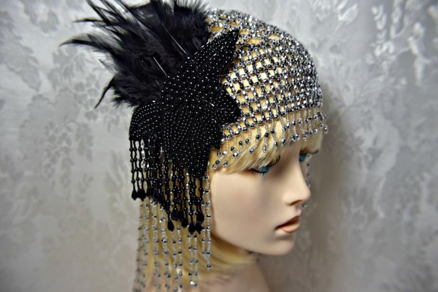 Hochzeit - GREAT GATSBY HEADPIECE Flapper 1920s Roaring 20s silver beaded headpiece with fascinator great gatsby wedding gatsby accessories dress party