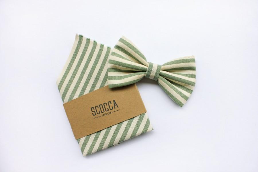 Свадьба - Bow tie and pocket square for men groom and groomsmen, green style striped, tie and handkerchief gift for groomsmen, spring summer wedding