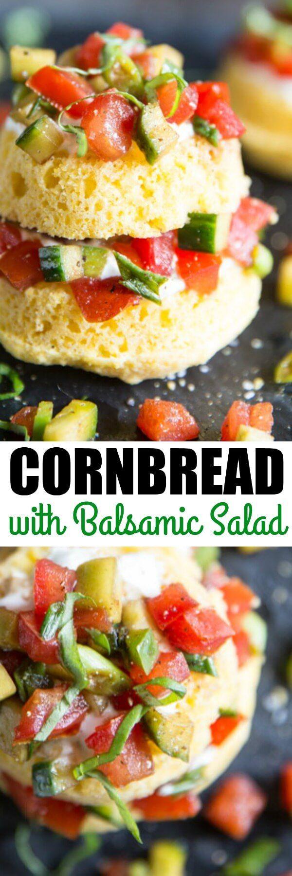 Hochzeit - Cornbread Cakes With Balsamic Tomato Salad