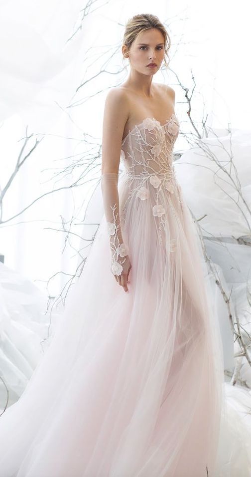 Mariage - Strapless Branch Embroidered Bodice Blush Wedding Dress