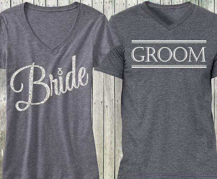Wedding - BRIDE Silver Glitter Script Gray Shirt   GROOM Gray Shirt