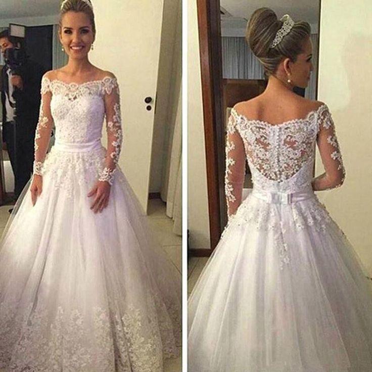 Mariage - Cheap Vantage Off Shoulder Long Sleeve White Lace Tulle Wedding Party Dresses, WD0015
