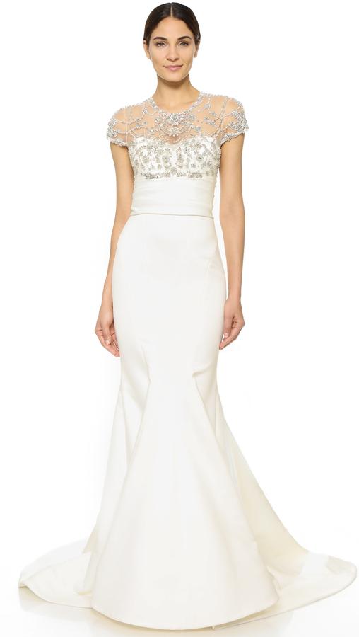 Hochzeit - Marchesa Fishtail Satin Gown with Bejeweled Top