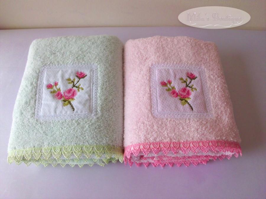 Свадьба - Turkish towel lace embroidery, 100% turkish cotton floral roses embroidery wedding bridal shower victorian pink mint green cottage chic