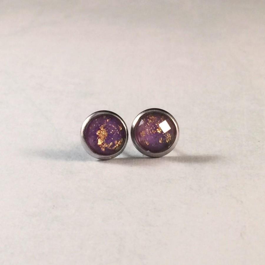 Свадьба - SALE Hypoallergenic Earrings - Purple Gold Foil Earrings - Purple Earrings - Bridesmaids Gift - Boho Earrings - Gift Set - 8MM 906