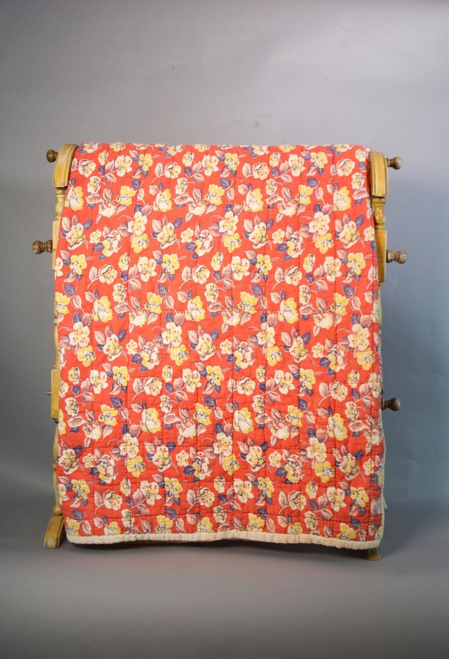 Wedding - Vintage Handmade Quilt, Full Size Quilt, Rustic Floral Bedspread, Hand Stitched Blanket, Red Bedspread