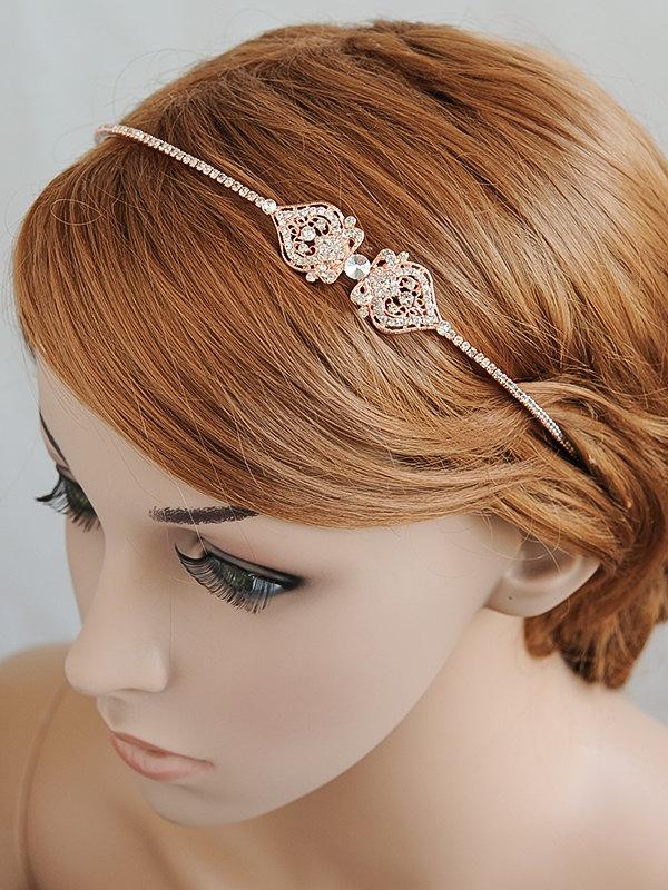 Wedding - Rose Gold Bridal Headband, Wedding Headband, Crystal Filigree Headband, Vintage Style Bridal Hairband, Bridal Hairpiece, Hair Jewelry, GRACE
