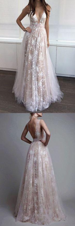 زفاف - 2017 Long Sexy Deep V-Neck Tulle Lace Appliques Floor-Length A-Line Party Prom Dress --PD0281