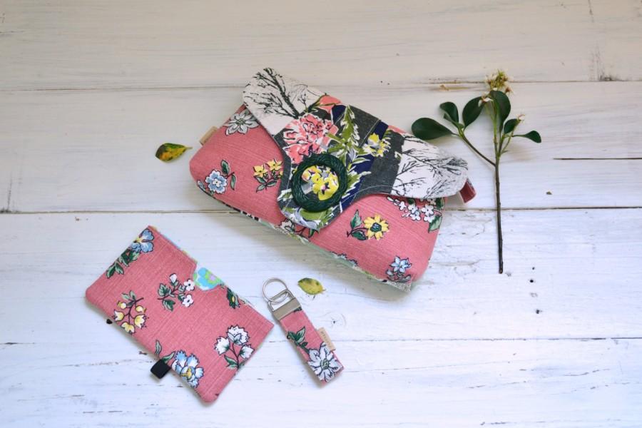 Wedding - Rose pink clutch, pink grey wedding clutch, unique handmade wallet, floral vegan wallet, grey fabric clutch, pink phone wallet, vintage