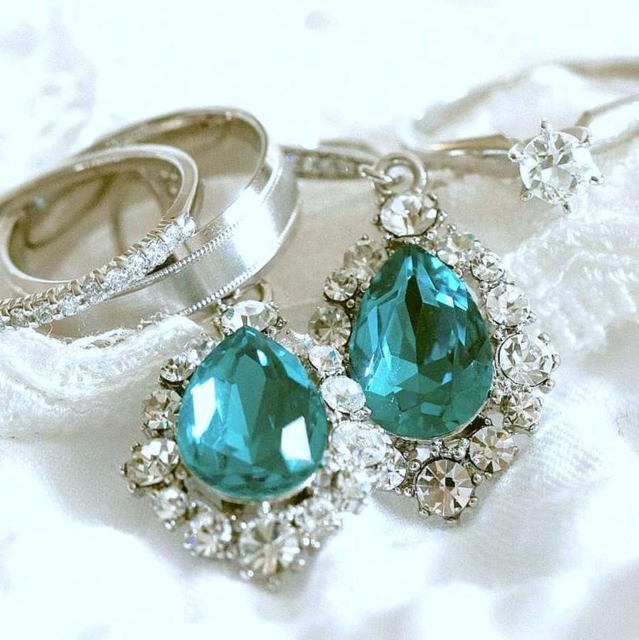 Hochzeit - Something Blue Bridal Earrings, Turquoise Bridal Jewelry, Swarovski Wedding Earrings, Crystal Drop Wedding Jewelry, Bridesmaid Gift, BIJOUX