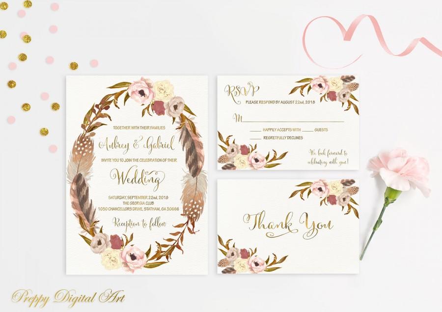 Mariage - Rustic Wedding Invitation Printable Roses Wedding Invitations Boho Wedding Suite Autumn Romantic Gold Feathers Wedding Gold Foil Typography