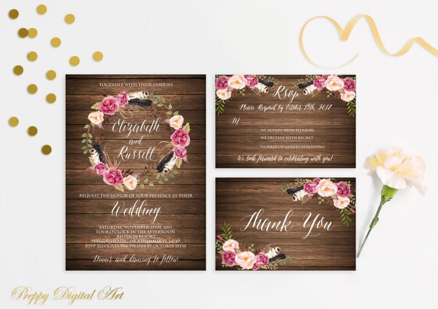 Свадьба - Floral Wedding Invitation Printable Rustic Wedding Invitation Suite Blush Gold Navy Wedding Invite Printable Wedding Invite DIY Digital File