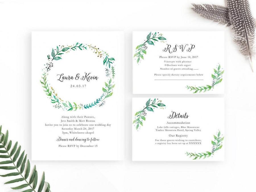 Hochzeit - Greenery Wedding Invitation Set / Printable Invitation / Greenery Invitation Set / Green Wreath Invitation Suite / Botanical Invite