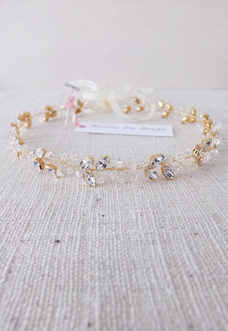 Hochzeit - Swarovski Bridal Halo Headpiece - Clear Crystal in Gold Crown Headpiece for wedding, bridal and proms. Style #004
