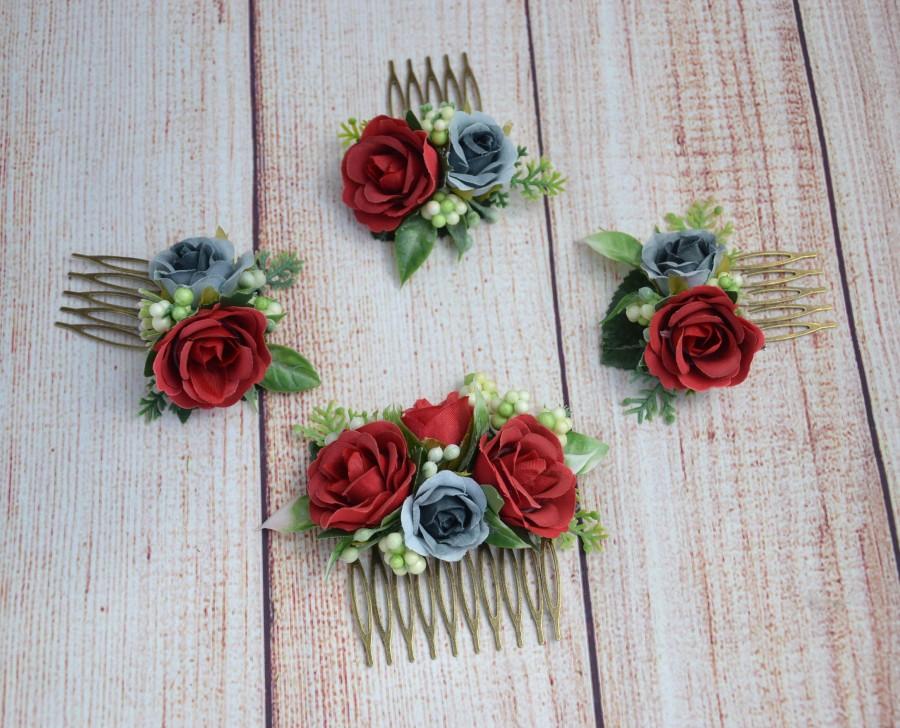 Wedding - Red rose flower comb Bridal hair comb Wedding hair piece Bridal hair acccessories Bridal hair piece Bridesmaid hair comb Flower girl comb