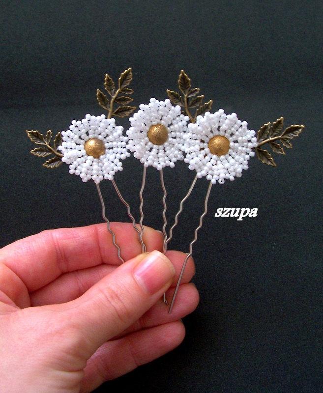 زفاف - Bridal hair pins, set of3 bridal hair pins, wedding hair accessories, blossom pins, wedding hair pins, daisies pins, flowers pins