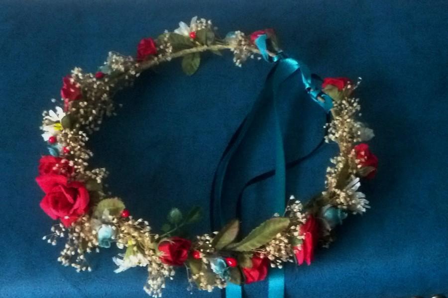 زفاف - Bridal Floral Crown Teal Red Woodland hair Wreath headpiece garland dried flower halo party accessories Rustic Texan Weddings Boots