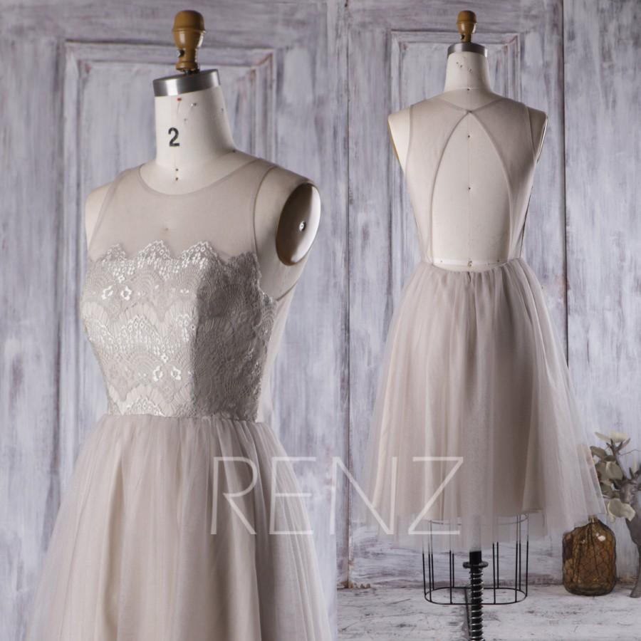 Mariage - 2017 Light Gray Bridesmaid Dress, Lace Illusion Neck Wedding Dress, A Line Tulle Prom Dress, Short Backless Evening Gown Knee Length (HS265)