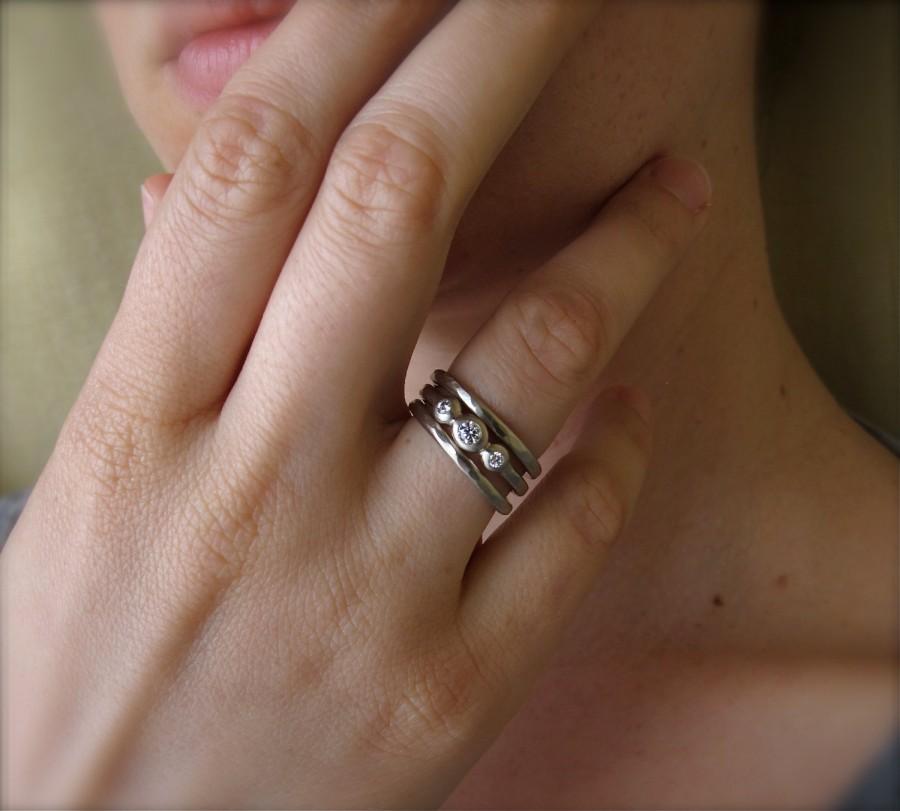 زفاف - Reclaimed white gold and diamonds 3 stone ring with bezel set diamonds, super low profile engagement ring with stacking bands