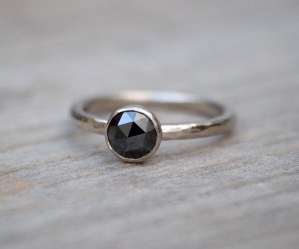 Wedding - Rose Cut Black Diamond Engagement Ring, Round Diamond Solitaire Ring, Handmade Diamond Wedding Gift
