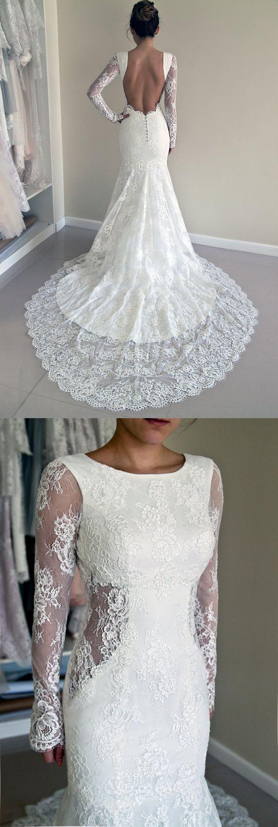 Свадьба - Stunning Jewel Long Illusion Sleeves Court Train Sheath White Wedding Dress With Open Back