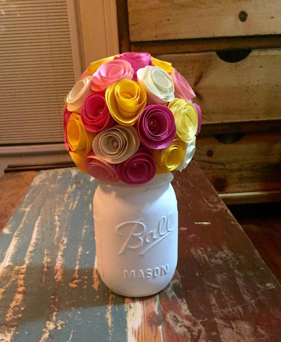 زفاف - Spring Flower Rose Bouquet - In A Hand Painted Cream Mason Jar (pint)!