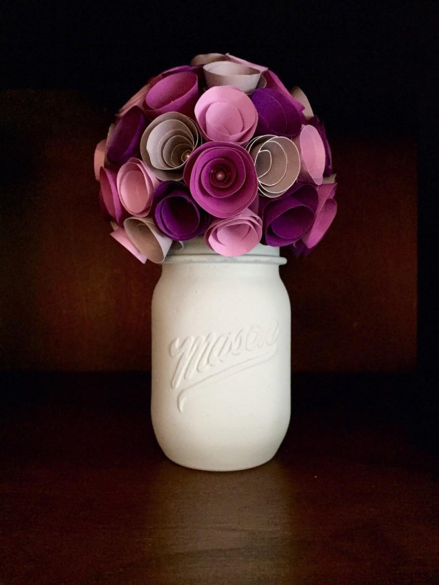 Wedding - Rustic shades of purple and grey rose paper flower, in a hand painted mint mason jar!