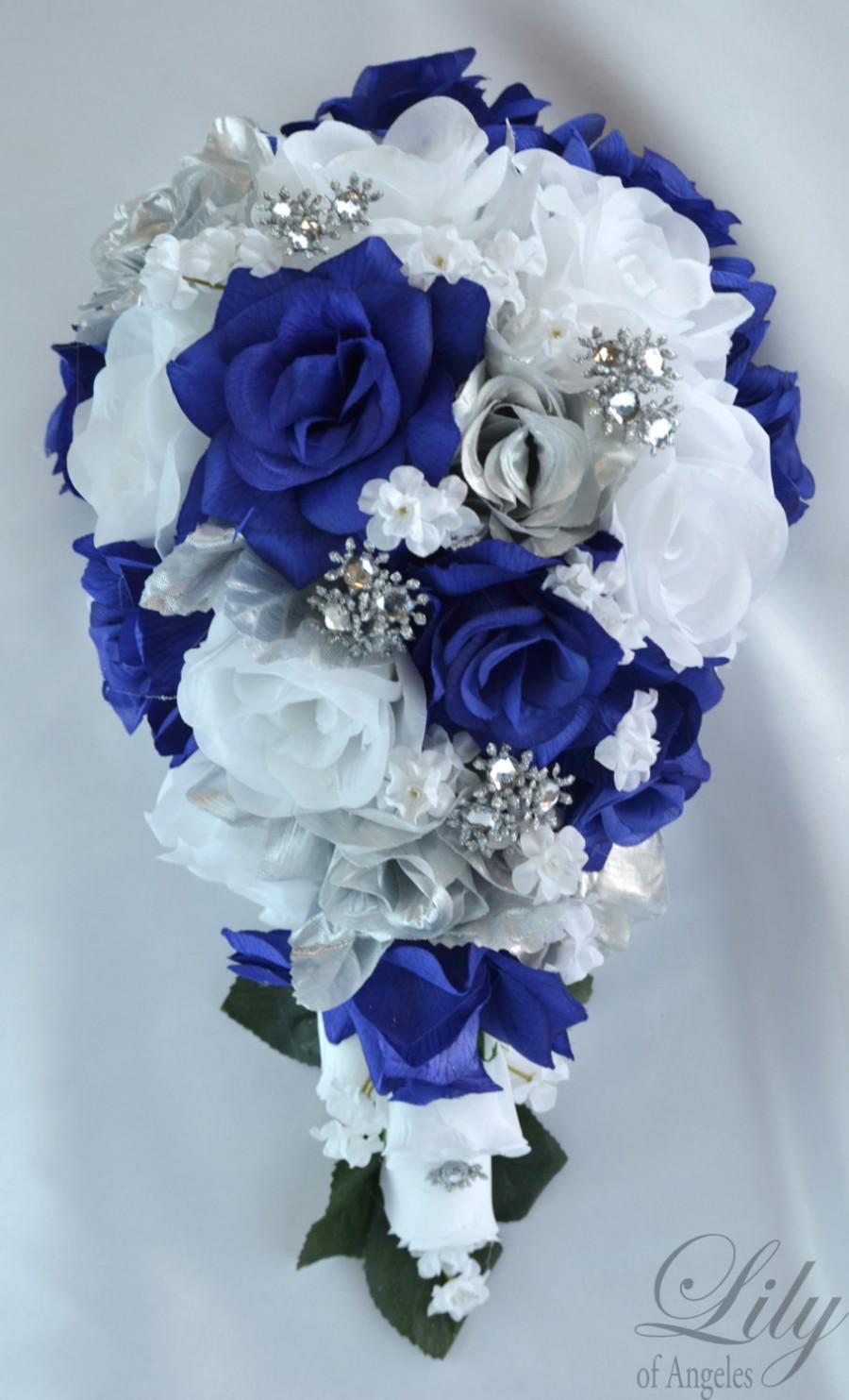 Hochzeit - 17 Piece Package Wedding Cascade Bouquet Bride Silk Flowers Bridal Bouquets Decorations Teardrop Navy BLUE SILVER "Lily of Angeles" BLSI01