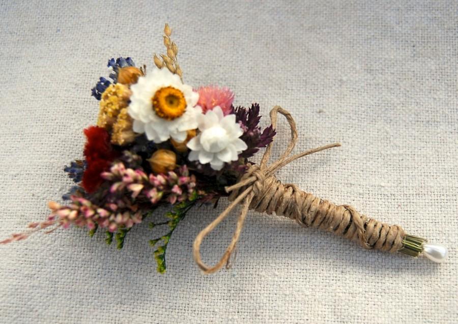 Wedding - Romantic Montana Fall Boutonniere  Pin On or Wrist Corsage of Multi Colored Dried Flowers, Grasses and Grains by paulajeansgarden