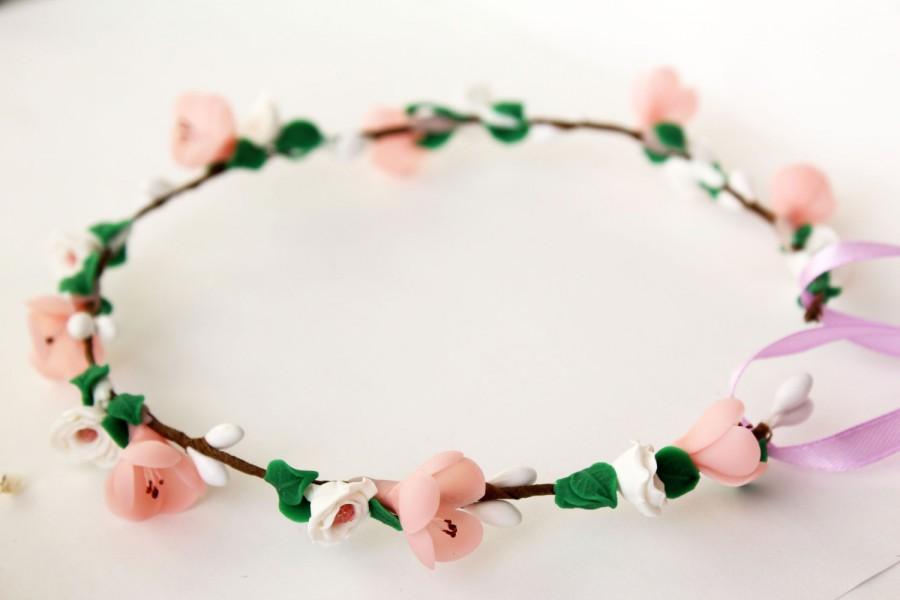 Wedding - Cherry blossom bridal wreath, Bridal hair headband, floral crown, Rustic woodland, pink flower headpiece, sakura, Boho wedding, white rose