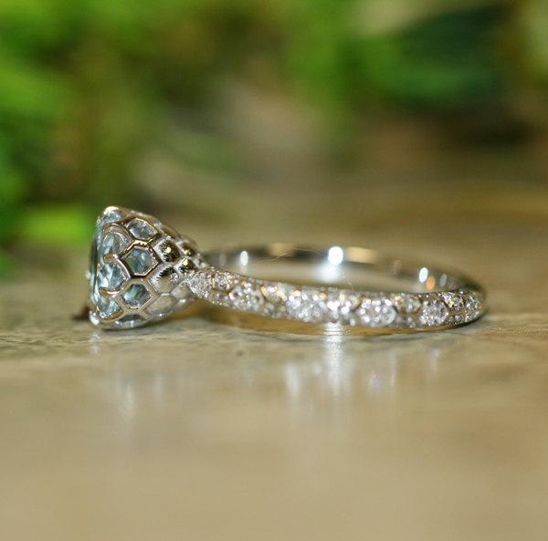 زفاف - Love Nest-1/3 Carat VS Diamond 7mm Round Aquamarine In 14K White Gold Aquamarine Engagement Ring (Bridal Set Available)