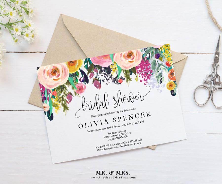 Hochzeit - Editable Watercolor Floral Bridal Shower Invitation Template Printable, DIY Instant Digital Download Invite, Flower Bride, PDF, MAM106_30