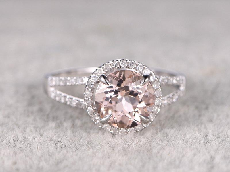 زفاف - 8mm Morganite Engagement ring White gold,Diamond wedding band,14k,Round Cut,Gemstone Promise Bridal Ring,Claw Prongs,Pave Set,Handmade