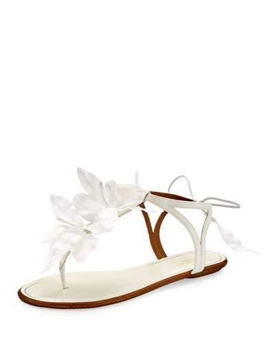 Hochzeit - Aquazzura Flora Petal-Embellished Flat Bridal Sandal, White