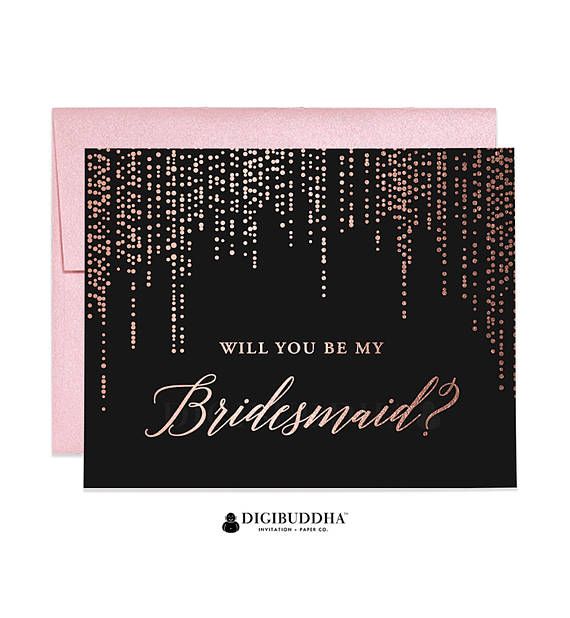 Свадьба - Rose Gold Foil Will You Be My Bridesmaid Card Maid Of Honor Ask Bridesmaid Black Paper Real Foil Flower Girl Card Shimmer Envelope WC0008
