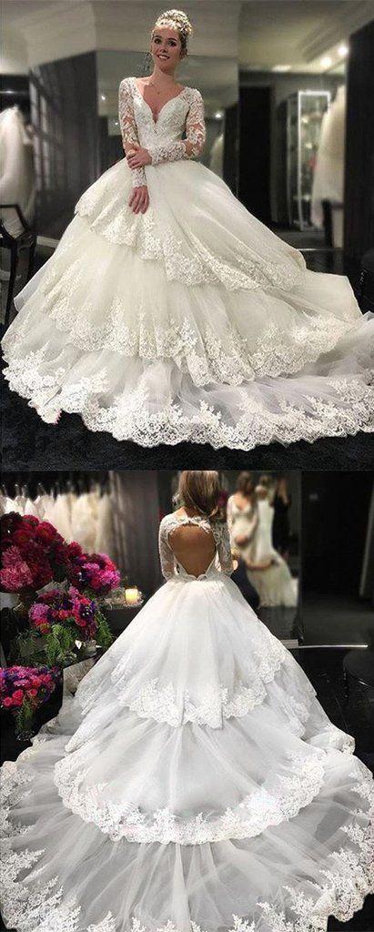 زفاف - Gorgeous Long Sleeve V-neck Open Back Lace Ball Gown Wedding Party Dresses, PD0260